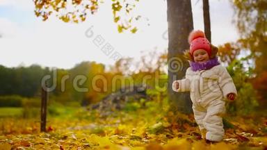 穿着秋装的<strong>小女孩</strong>戴着暖和的帽子和<strong>围巾</strong>站在公园里看着黄叶从